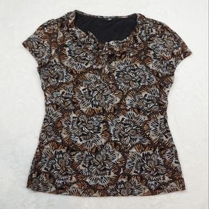 East 5th Butterfly Pattern Ruffle Neckline Short Sleeve Lined Blouse Size L